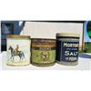 Image 1 : Three Vintage/antique Tin Containers Featuring Morton Salt, Ogdens, and Canadian Mounty Designs