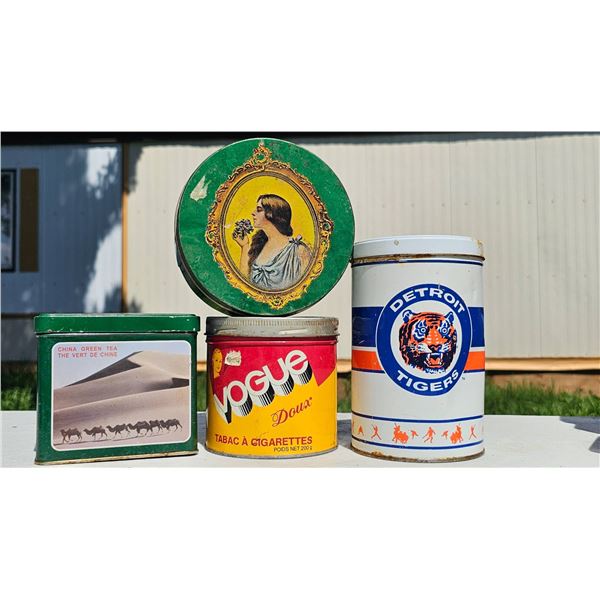 Five Vintage Tins Including Tea, Tobacco, and Sports Memorabilia