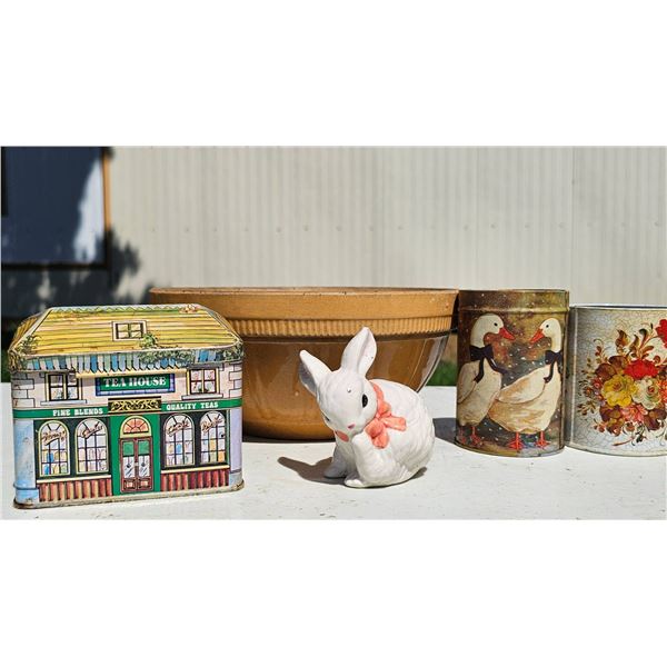 Decorative Tins, Ceramic Rabbit Figurine, and Stoneware Mixing Bowl