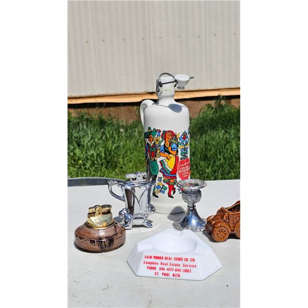 Decorative Mixed Lot Featuring Ceramic Bottle, Ashtray, Lighters, and Figurines