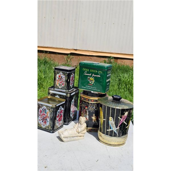 Decorative Tin Containers and Figurine