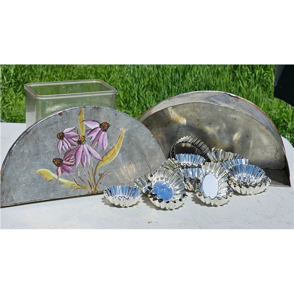 Decorative Metal Box with Floral Hand-Painted Design and Set of Fluted Pastry Tins