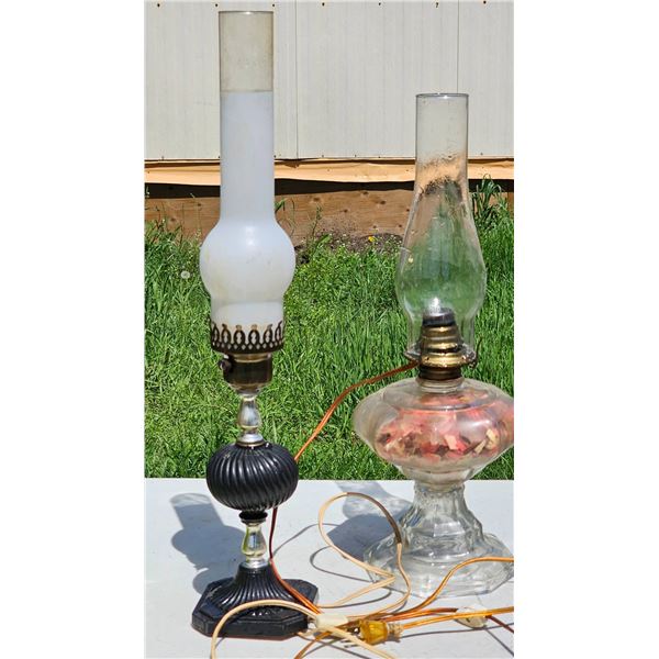 Three Electric and Oil Lamps with Glass and Metal Bases