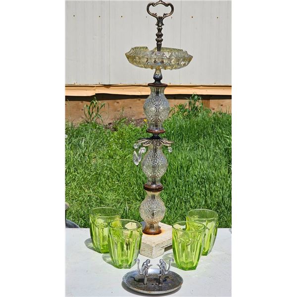 Glass ashtray with Crystal Accents, Green Glass Tumblers, and Metal Monkey Figurines
