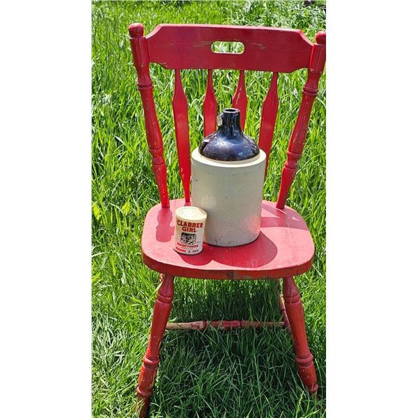 Red Wooden Chair With Stoneware Jug and Clabber Girl Baking Powder Tin