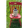 Image 1 : Red Wooden Chair With Stoneware Jug and Clabber Girl Baking Powder Tin. Great for outdoor decor!