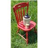 Image 2 : Red Wooden Chair With Stoneware Jug and Clabber Girl Baking Powder Tin. Great for outdoor decor!