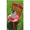 Image 4 : Red Wooden Chair With Stoneware Jug and Clabber Girl Baking Powder Tin. Great for outdoor decor!