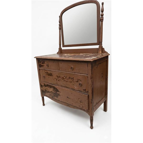 Antique Wooden Dresser with Attached Mirror and Four Drawers