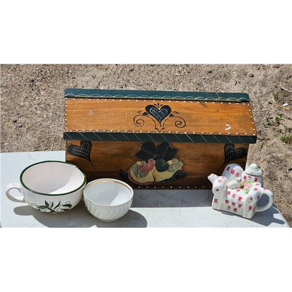 Decorative Wooden Box with Heart Motif, Ceramic Teapot, and Porcelain Bowls