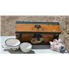 Image 1 : Decorative Wooden Box with Heart Motif, Ceramic Teapot, and Porcelain Bowls