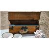 Image 2 : Decorative Wooden Box with Heart Motif, Ceramic Teapot, and Porcelain Bowls