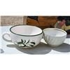 Image 4 : Decorative Wooden Box with Heart Motif, Ceramic Teapot, and Porcelain Bowls
