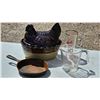 Image 1 : Glass Measuring Cups, Cast-Iron Pan, and Ceramic Hen-Inspired Dish with Lid
