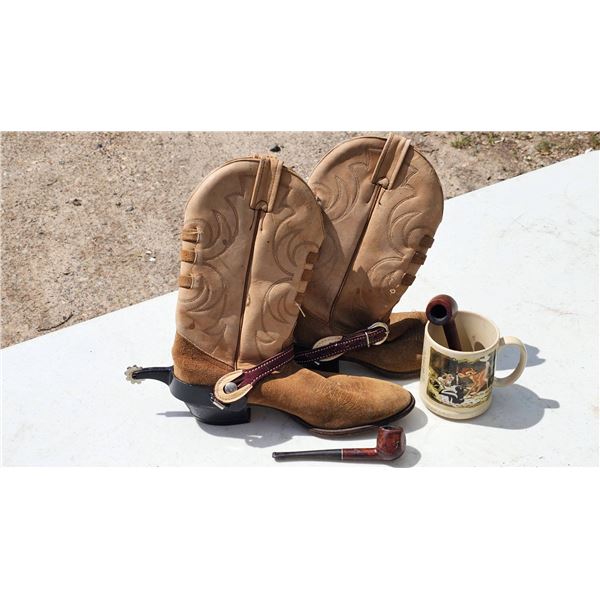 Boulet Cowboy Boots with Spurs, Tobacco Pipes, and Disney Mug