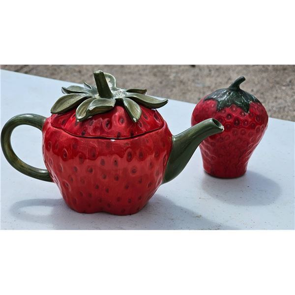 Strawberry-Shaped Ceramic Teapot and Sugar Shaker Set