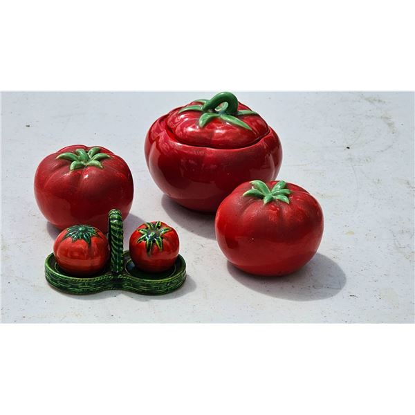 Ceramic Tomato-Themed Kitchenware Set with Lidded Bowl and Salt and Pepper Shakers