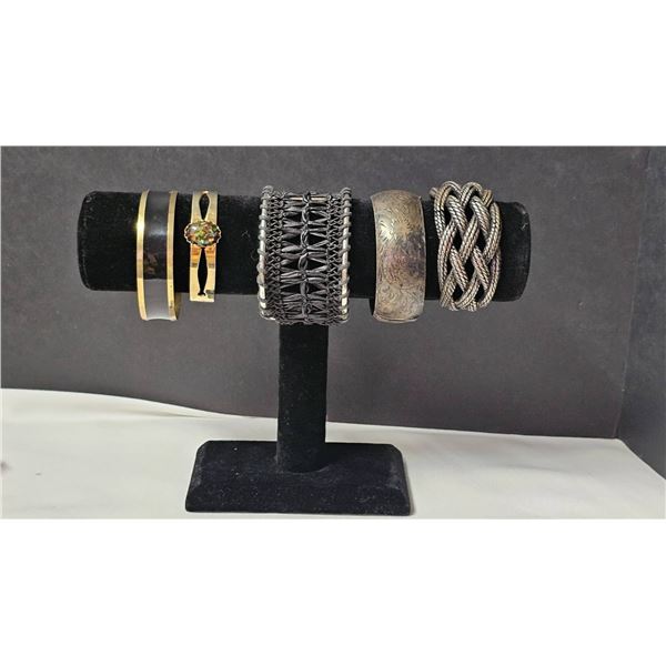Five Mixed-Material Cuff Bracelets Including Sterling Silver and Gold-Tone Designs