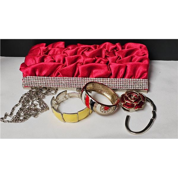 Red Satin Clutch with Rhinestone Detail, Bangles, Necklace, and Rose Hook