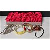 Image 1 : Red Satin Clutch with Rhinestone Detail, Bangles, Necklace, and Rose Hook