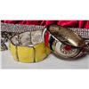 Image 3 : Red Satin Clutch with Rhinestone Detail, Bangles, Necklace, and Rose Hook