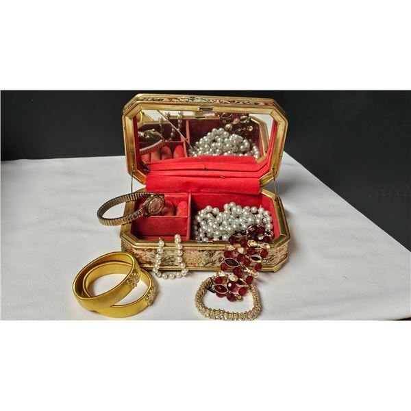 Vintage Jewelry Box with Assorted Costume Jewelry Including Bangles, Bracelets, and Watch