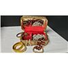 Image 1 : Vintage Jewelry Box with Assorted Costume Jewelry Including Bangles, Bracelets, and Watch