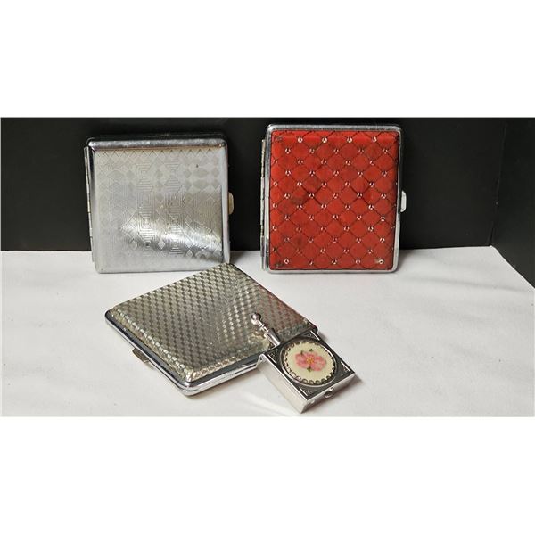 3 Decorative Metal Compact. Cigarette Cases with One Personal Ashtray