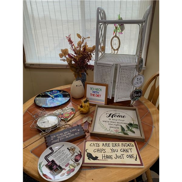 Home Decor Items Featuring Signs, Boho shelf Clock, and More