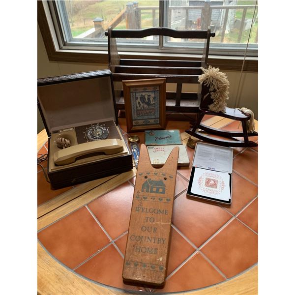 Collectibles Including Rotary Telephone, Wooden Decor, and Memorabilia