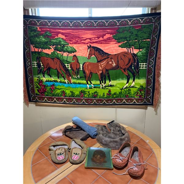 Artisan Beaded Moccasins, Fur Accessories, Horse-Themed Tapestry, and Art Tray