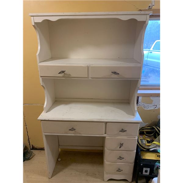 White Wood Desk with Hutch and Multiple Drawers