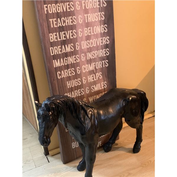 Black Horse Sculpture and Wooden Inspirational Wall Sign