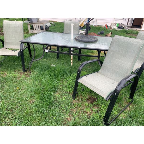 Outdoor Patio Dining Set with Glass Table, Chairs, and Umbrella Base