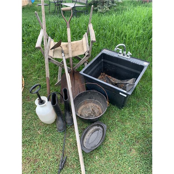 Gardening and Outdoor Utility Tools Including Sink and Wheelbarrow