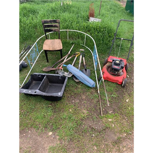 Yard Equipment and Garden Items Including Lawn Mower and Tools