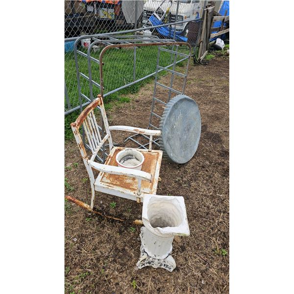 Metal Chair, Planter Stand, and Decorative Items