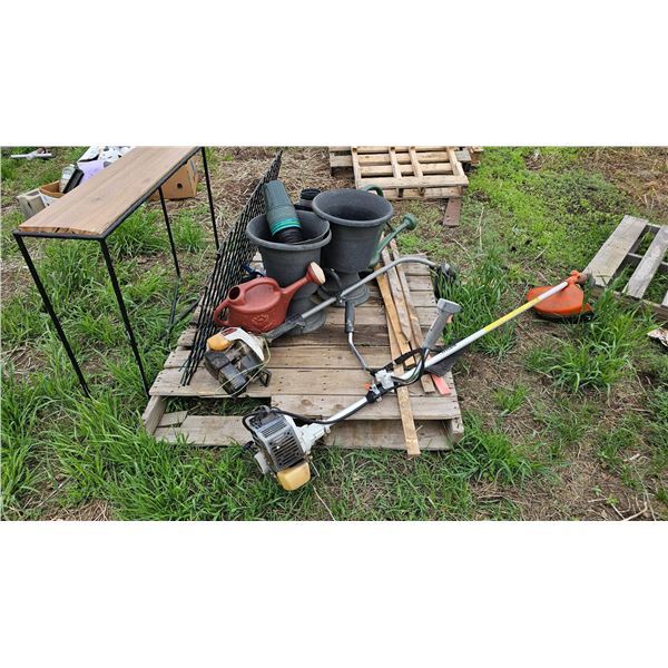 Garden Tools and Planter Lot with Small Table and Accessories