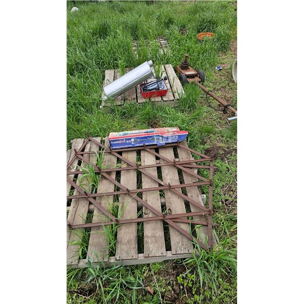 Lot Including Harrow , Muffler, and Vintage Tools