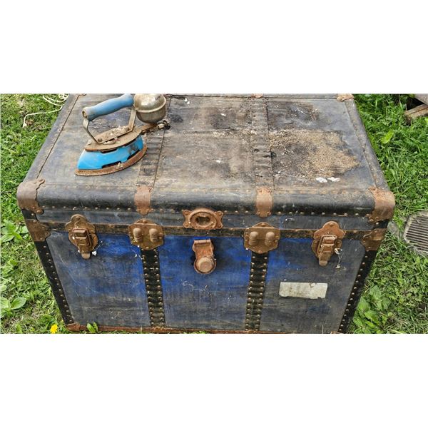 Blue Wooden Trunk With Metal Accents and Vintage Iron