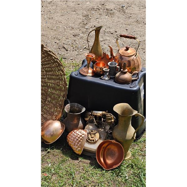 Copper, Brass, and Metal Decorative Items with Wicker Basket