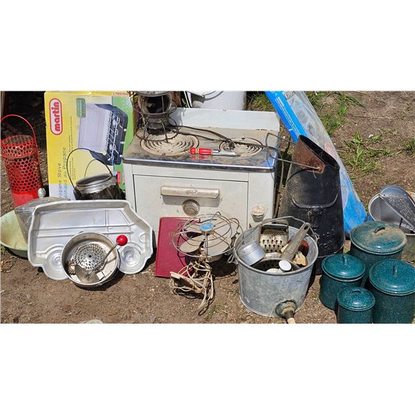 Vintage Household Items, Including Martin Propane Stove, Galvanized Bucket, and More