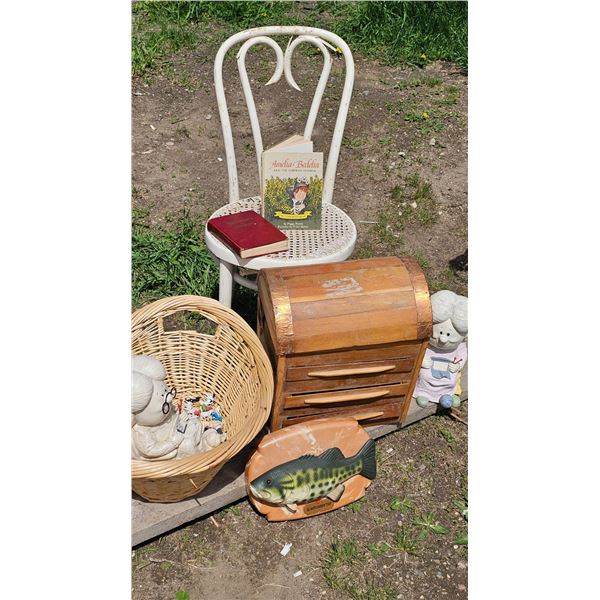 Decorative and Functional Items Including Ceramic Figures, Chair, and Storage Chest
