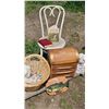 Image 1 : Decorative and Functional Items Including Ceramic Figures, Chair, and Storage Chest