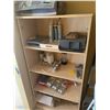 Image 1 : Wooden Shelving Unit with Mixed Household Items, Commodore VIC-20 Box, and Electronics