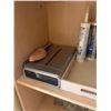 Image 3 : Wooden Shelving Unit with Mixed Household Items, Commodore VIC-20 Box, and Electronics