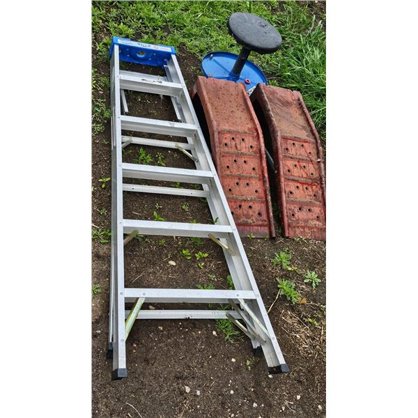 Aluminum Ladder, Pair of Metal Car Ramps, and Mechanics Creeper Seat