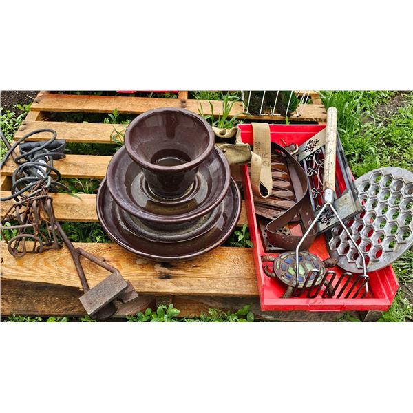 Vintage and Rustic Items Including Ceramics, Mold, Tools, and Bottles