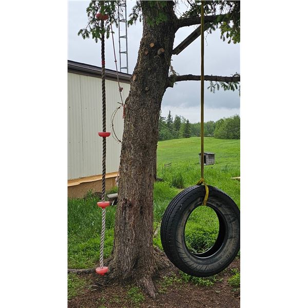 Tree Swing with Tire and Rope Ladder Plus Metal Garden Wagon