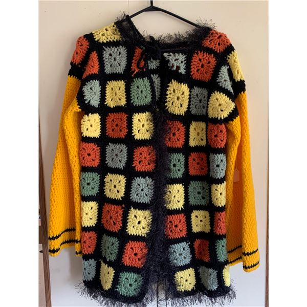 Multicolored Crochet Cardigan With Granny Square Design and Yellow Sleeves